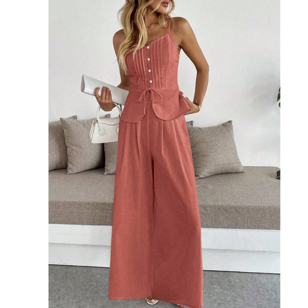 Rust Linen Wide-Leg Two-Piece Set | Button Camisole Top & Flow Pants - Picture 2 of 3